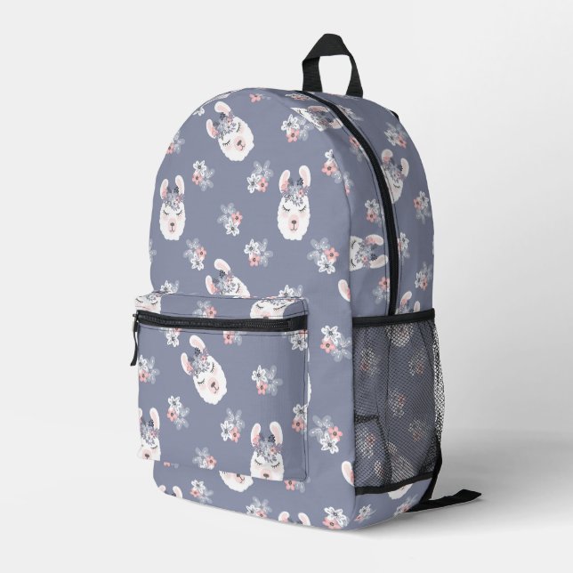 Llamas & Flowers Pattern Printed Backpack (Back Corner Right)
