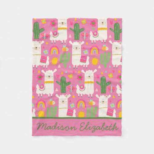 Llamas Green Cactus Cute Girly Pink Rainbows Fleece Blanket