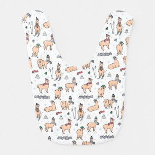 Llamas In Hats & Scarves Skiing Pattern Baby Bib