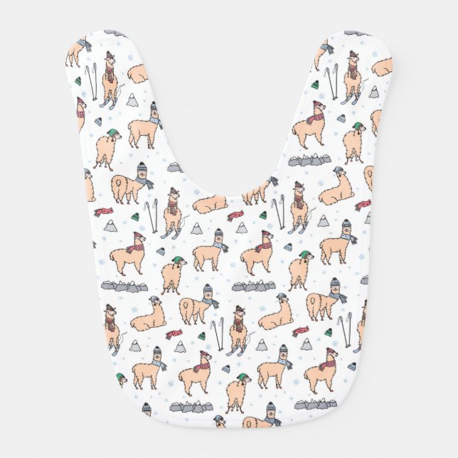 Llamas In Hats & Scarves Skiing Pattern Baby Bib (Front)