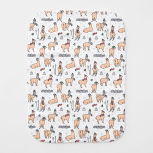Llamas In Hats & Scarves Skiing Pattern Baby Burp Cloth