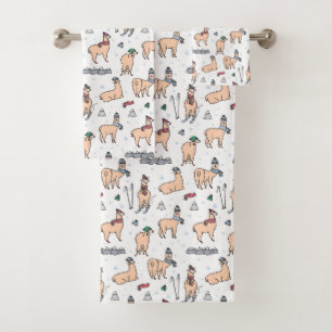 Llamas In Hats & Scarves Skiing Pattern Bath Towel Set