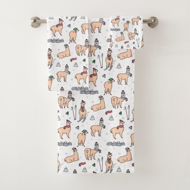 Llamas In Hats & Scarves Skiing Pattern Bath Towel Set (Insitu)