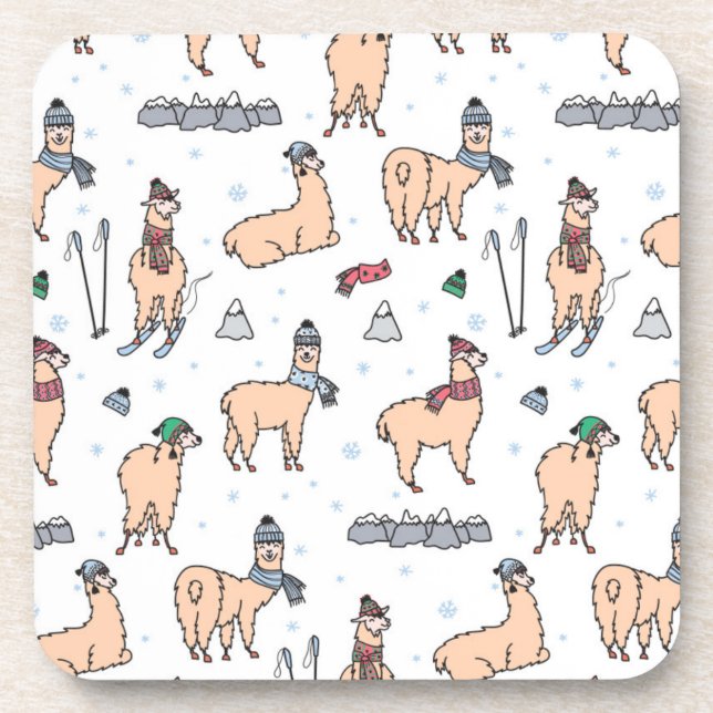 Llamas In Hats & Scarves Skiing Pattern Beverage Coaster (Front)