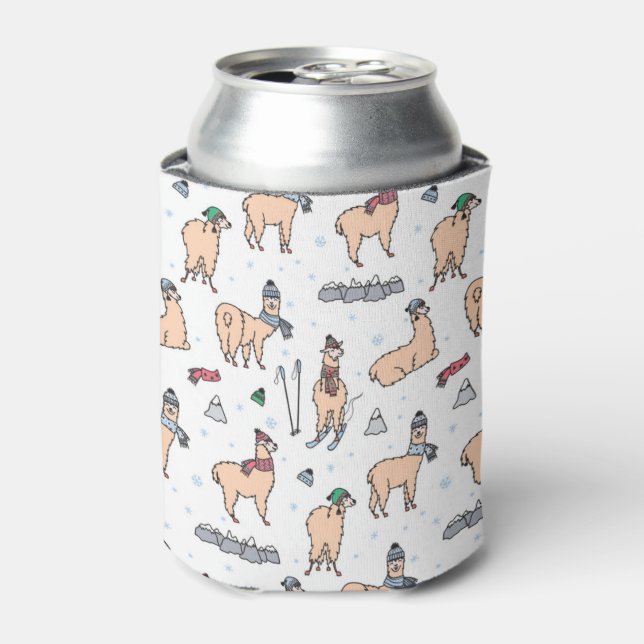 Llamas In Hats & Scarves Skiing Pattern Can Cooler (Can Front)
