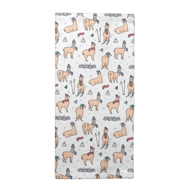 Llamas In Hats & Scarves Skiing Pattern Cloth Napkin (Half Fold)