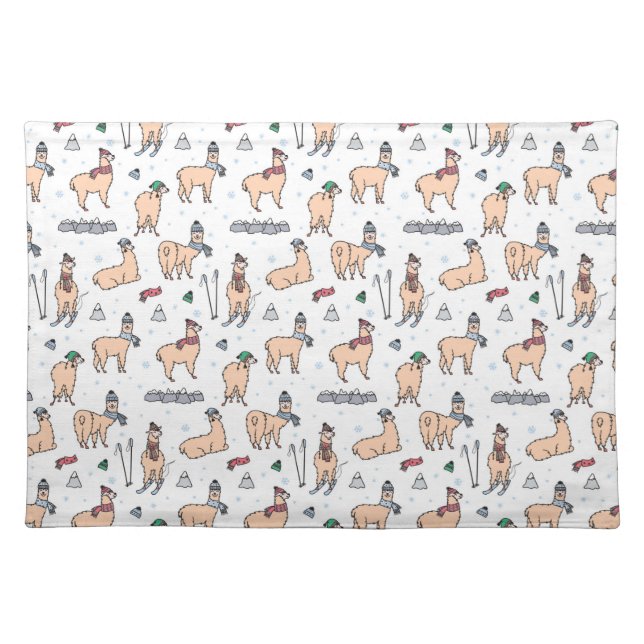 Llamas In Hats & Scarves Skiing Pattern Cloth Placemat (Front)