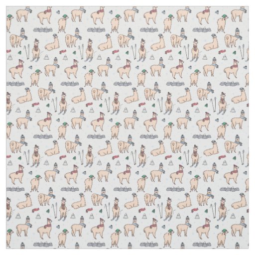 Llamas In Hats & Scarves Skiing Pattern Fabric