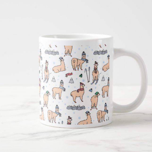 Llamas In Hats & Scarves Skiing Pattern Giant Coffee Mug (Right)