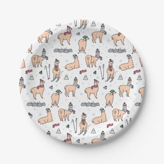 Llamas In Hats & Scarves Skiing Pattern Paper Plates (Front)