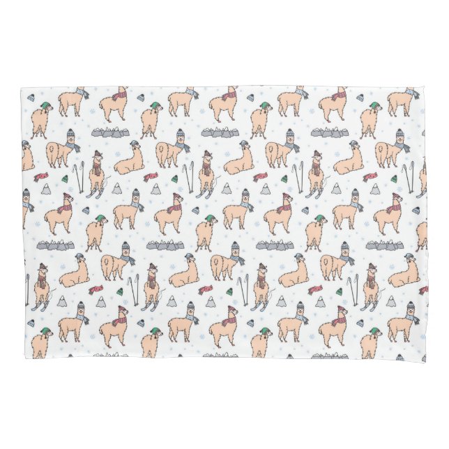 Llamas In Hats & Scarves Skiing Pattern Pillow Case (Front-Left)