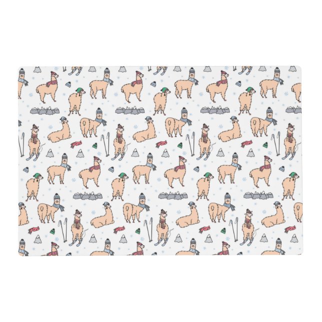 Llamas In Hats & Scarves Skiing Pattern Placemat (Front)