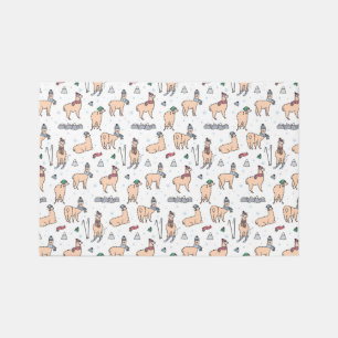 Llamas In Hats & Scarves Skiing Pattern Rug