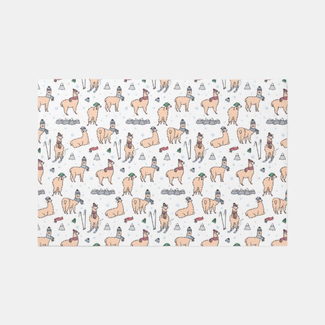 Llamas In Hats & Scarves Skiing Pattern Rug (Front)