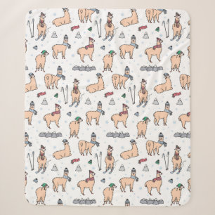 Llamas In Hats & Scarves Skiing Pattern Sherpa Blanket