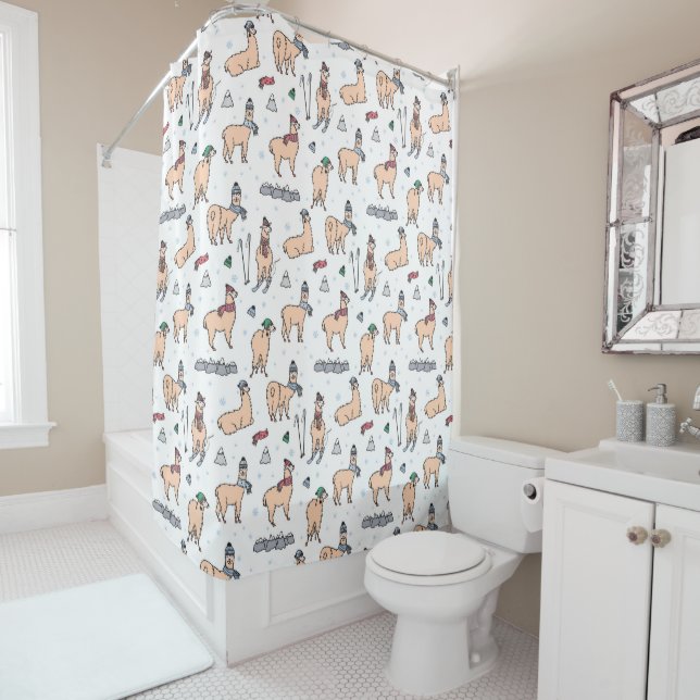 Llamas In Hats & Scarves Skiing Pattern Shower Curtain (In Situ)