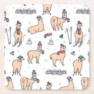 Llamas In Hats & Scarves Skiing Pattern Square Paper Coaster