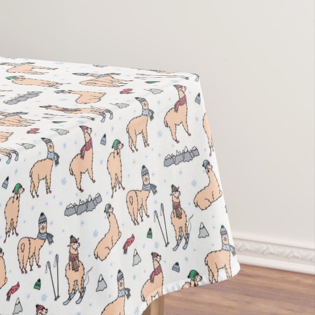 Llamas In Hats & Scarves Skiing Pattern Tablecloth (In Situ)