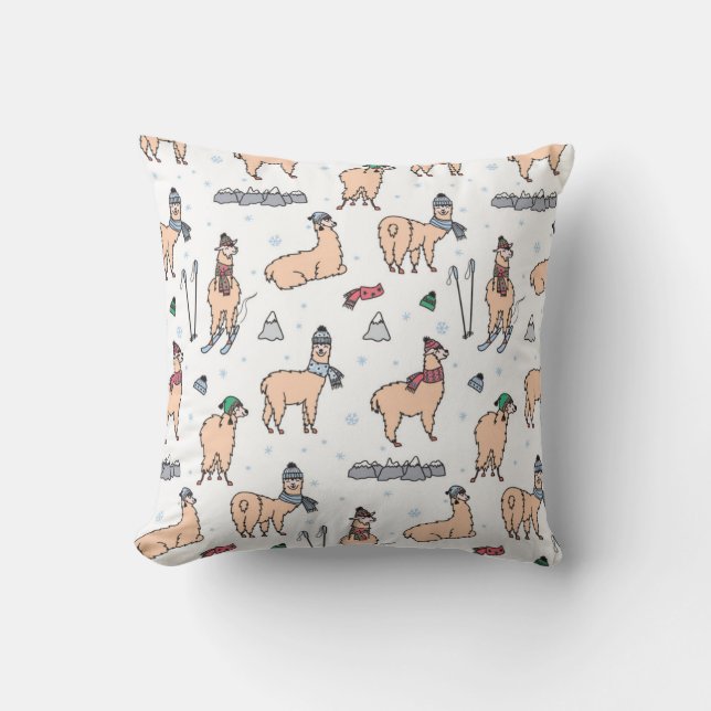 Llamas In Hats & Scarves Skiing Pattern Throw Pillow (Front)