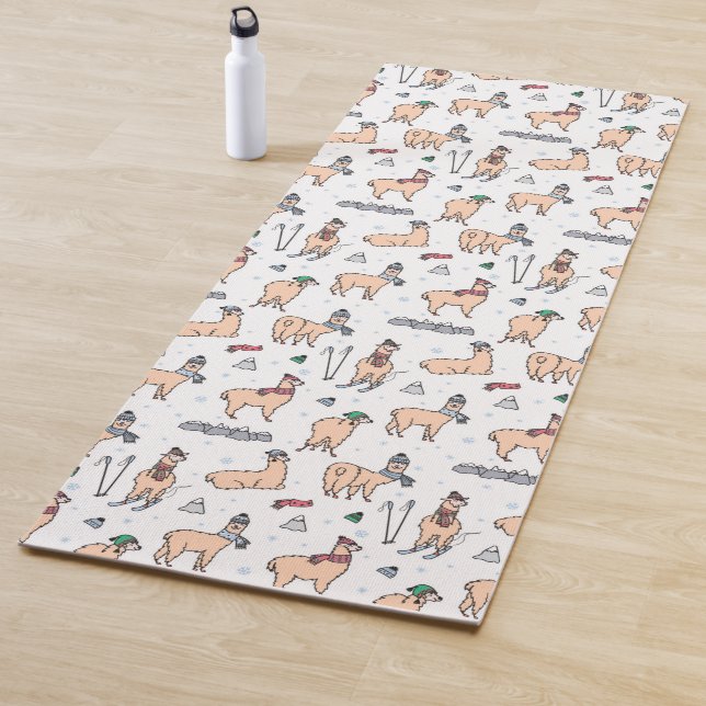Llamas In Hats & Scarves Skiing Pattern Yoga Mat (In Situ)