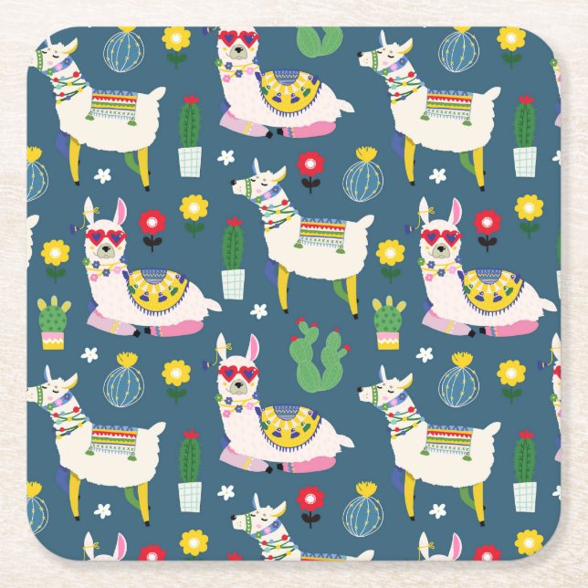 Llamas In Sunglasses Pattern Square Paper Coaster (Front)