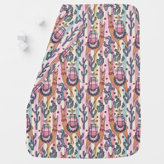 Llamas On Stripes Pattern Baby Blanket (In Situ)