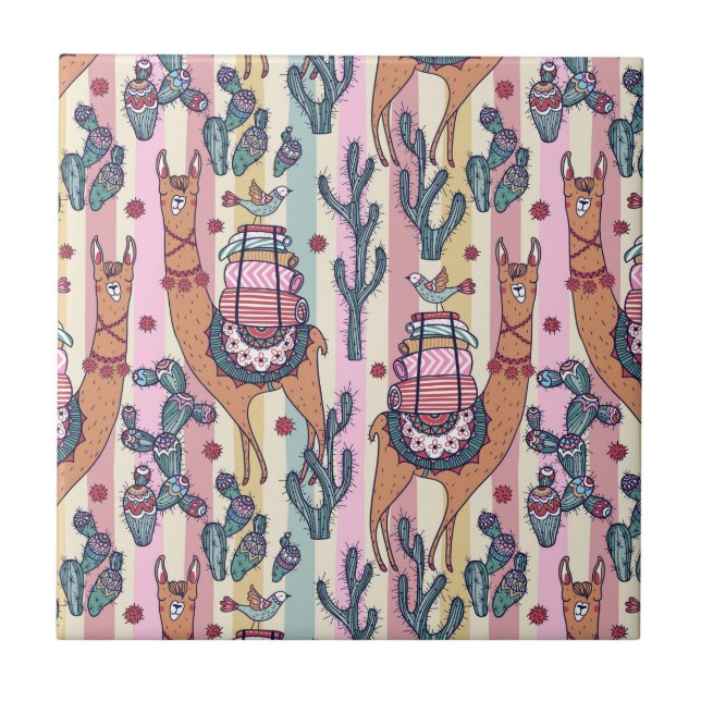 Llamas On Stripes Pattern Ceramic Tile (Front)