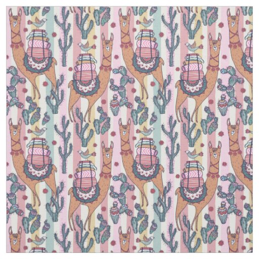 Llamas On Stripes Pattern Fabric