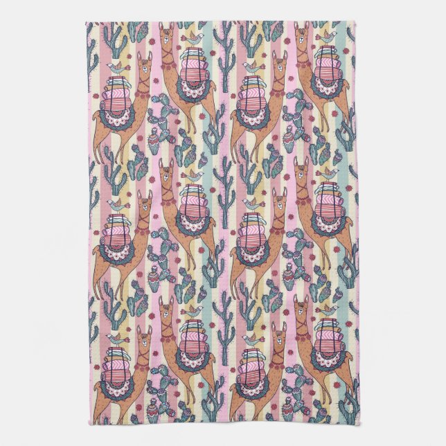 Llamas On Stripes Pattern Kitchen Towel (Vertical)