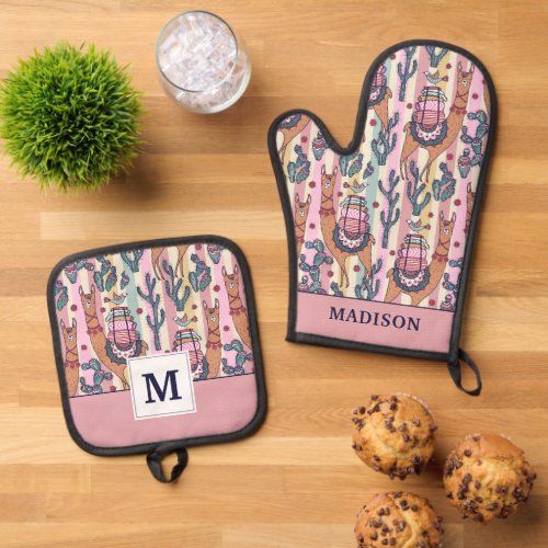 Llamas On Stripes Pattern Oven Mitt  Pot Holder Set