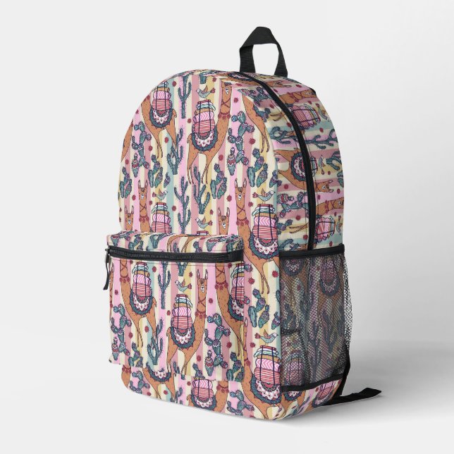 Llamas On Stripes Pattern Printed Backpack (Back Corner Right)