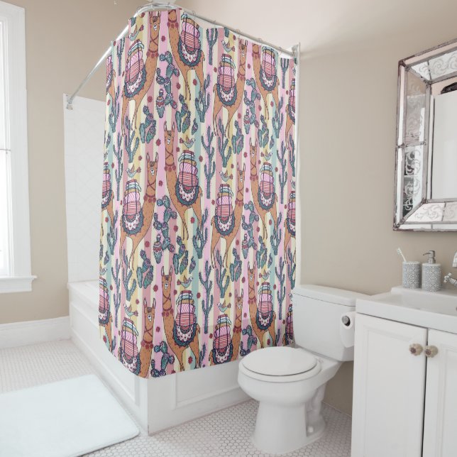 Llamas On Stripes Pattern Shower Curtain (In Situ)