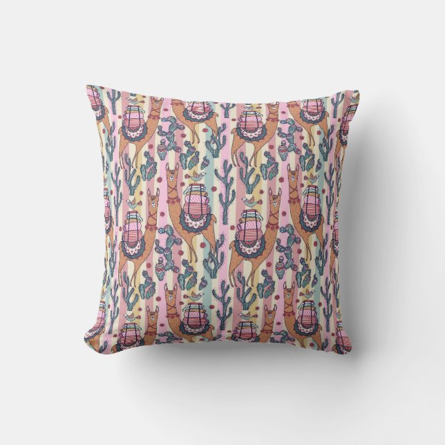 Llamas On Stripes Pattern Throw Pillow (Front)