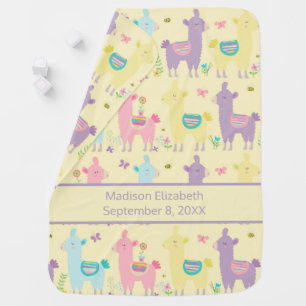 Llamas Pink Purple Yellow Blue Personalized Baby Blanket