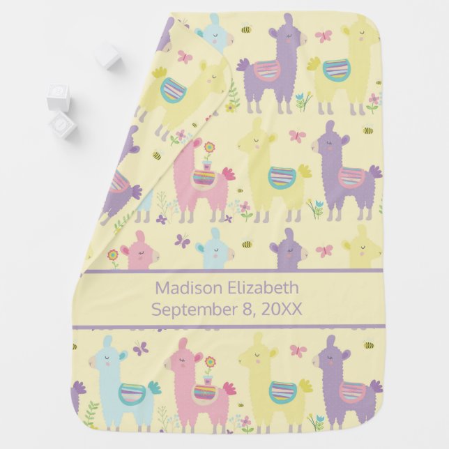 Llamas Pink Purple Yellow Blue Personalized Baby Blanket (In Situ)