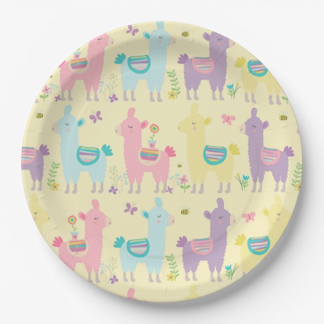Llamas Pink, Yellow Purple Cute Adorable Paper Plates (Front)