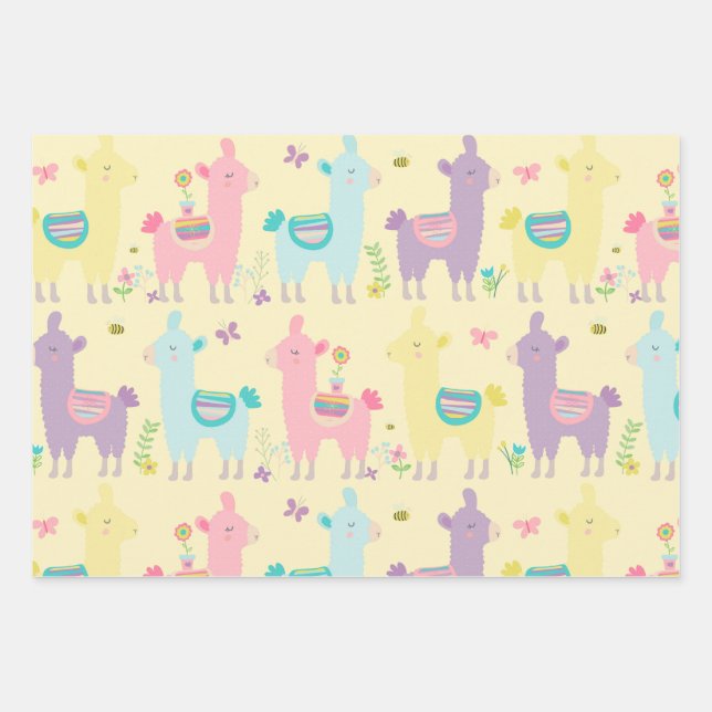 Llamas Pink, Yellow Purple Cute Adorable  Wrapping Paper Sheets (Front)