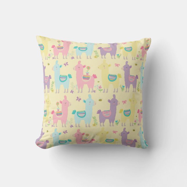 Llamas Pink, Yellow Purple Nursery Toddler Room Throw Pillow (Front)