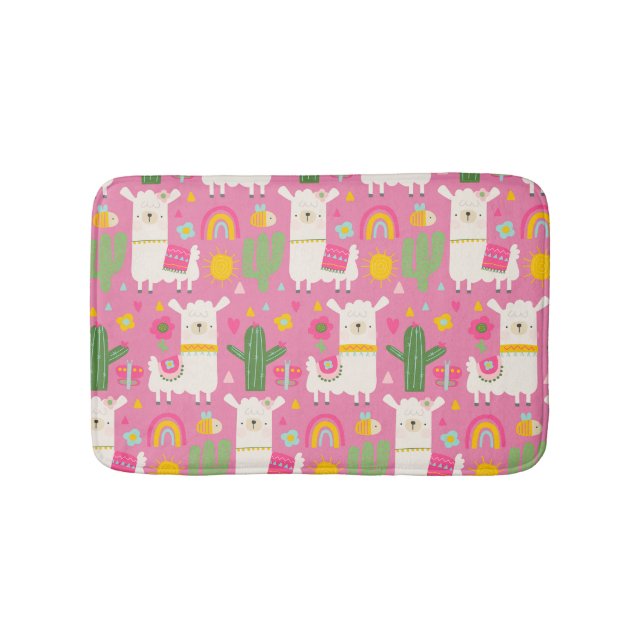 Llamas Rainbows Green Cactus Light Girly Pink Cute Bath Mat (Front)