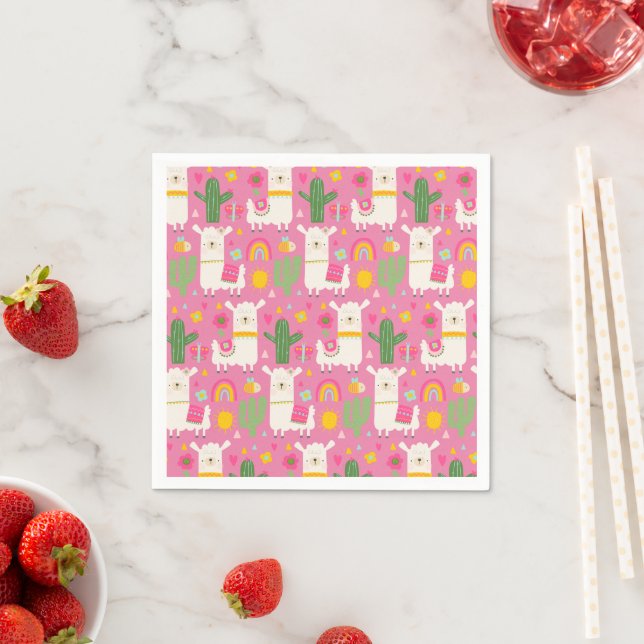 Llamas Rainbows Green Cactus Light Girly Pink Cute Napkins (Insitu)