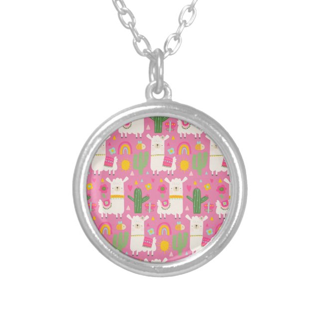 Llamas Rainbows Green Cactus Pink Cute Girls Gift Silver Plated Necklace (Front)