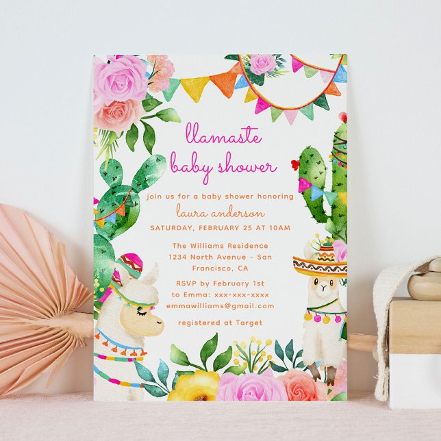 Llamaste Yoga Llama Mexican Colorful Baby Shower Invitation (llamaste colorful baby shower with llamas, cacti and flowers)