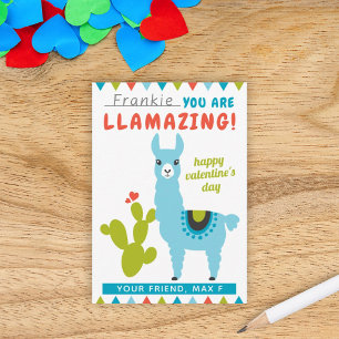 Llamazing Blue Llama Boys Classroom Valentine Note Card