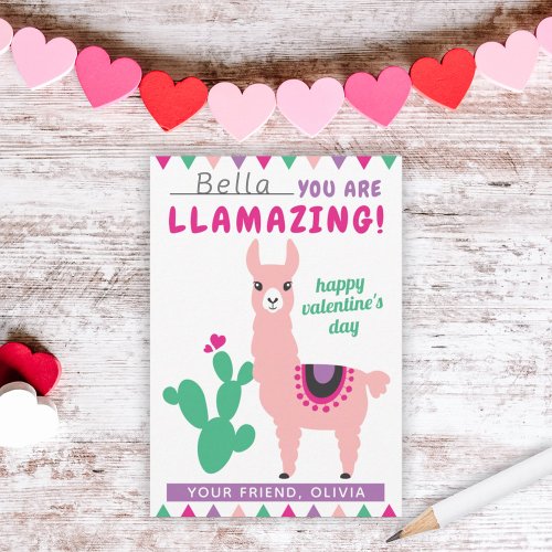 Llamazing Pink Llama Girls Classroom Valentine Note Card