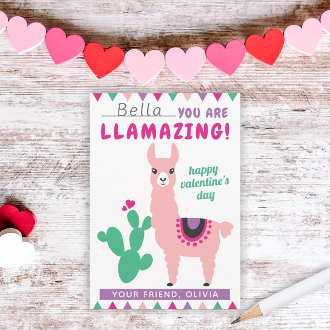 Llamazing Pink Llama Girls Classroom Valentine Note Card (Creator Uploaded)