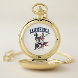 Llamerica Patriotic Llama Vintage Engraving T-Shir Pocket Watch