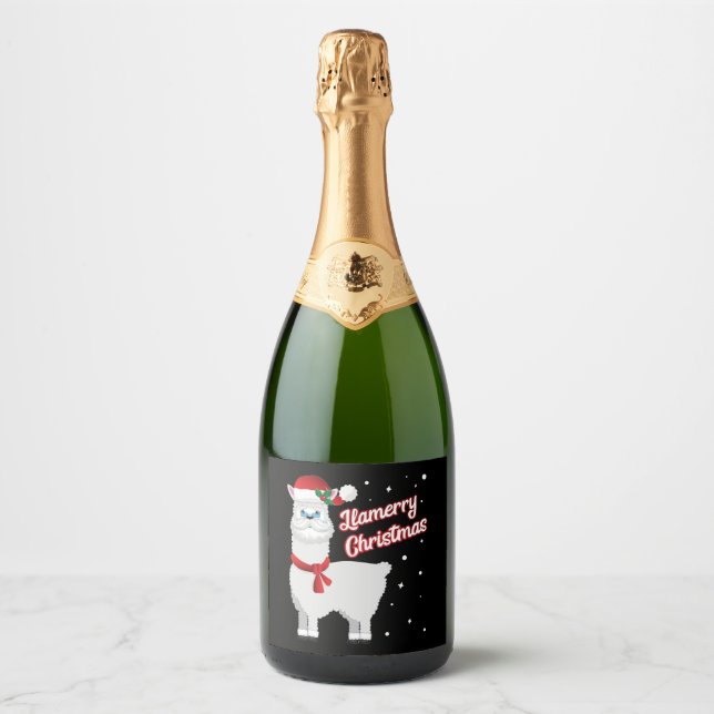 Llamerry Merry Christmas Llama Santa Claus Sparkling Wine Label (Front)