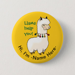 "Llamma help you" helpful kawaii llama w name tag Button