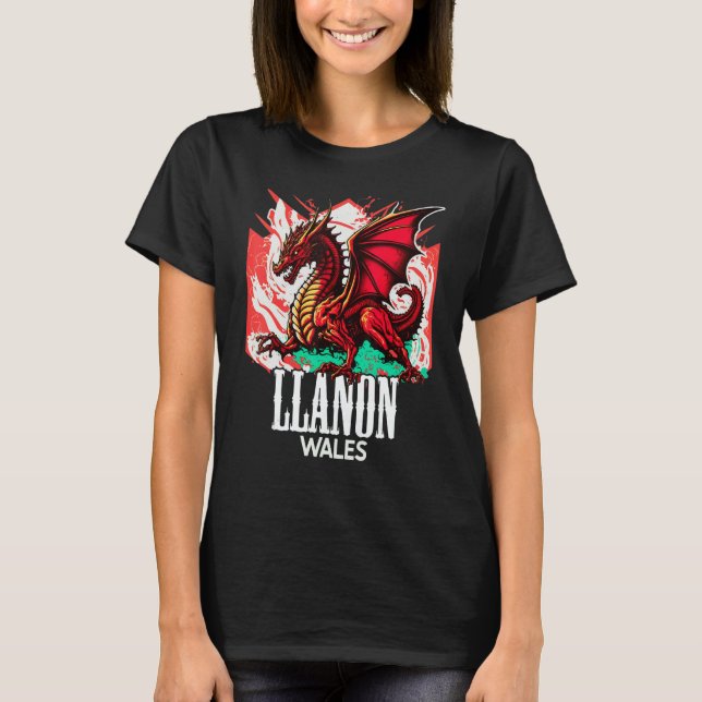 Llanon Wales Welsh Flag Y Ddraig Goch Dragon T-Shirt (Front)