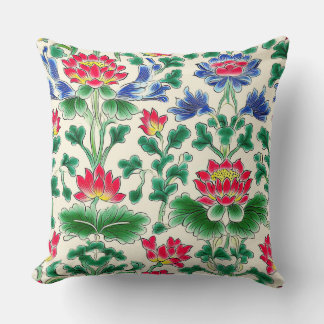 lllustrated Art Nouveau Vivid Chinoiserie Lotus Throw Pillow